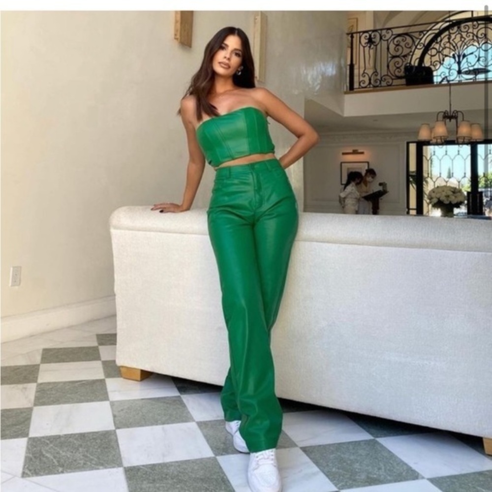 Green Strapless Leather Crop Top & High-Rise Pants Set